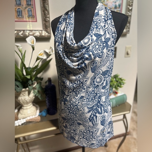 Y2K CREATIVE DESIGN WORKS FLORAL PAISLEY COWL NECK TIE BACK HALTER TOP SZ M - Picture 5 of 8